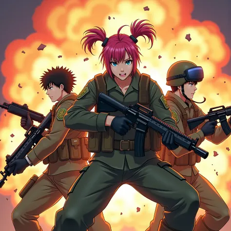  anime-style images featuring three armed soldiers from the waist up {x},  in front of a vibrant explosion .  Ghean Delson in the center ,  in dynamic poses . William is on the left,  with determined expressions and rifles ,  Action Pose . Matheus is on th...