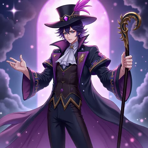 Create a high-resolution image of Scaramouche from Genshin Impact, showcasing his enigmatic and theatrical presence. He stands confidently in a vibrant, mystical environment, perhaps a stage illuminated by swirling lights and ethereal colors that reflect h...