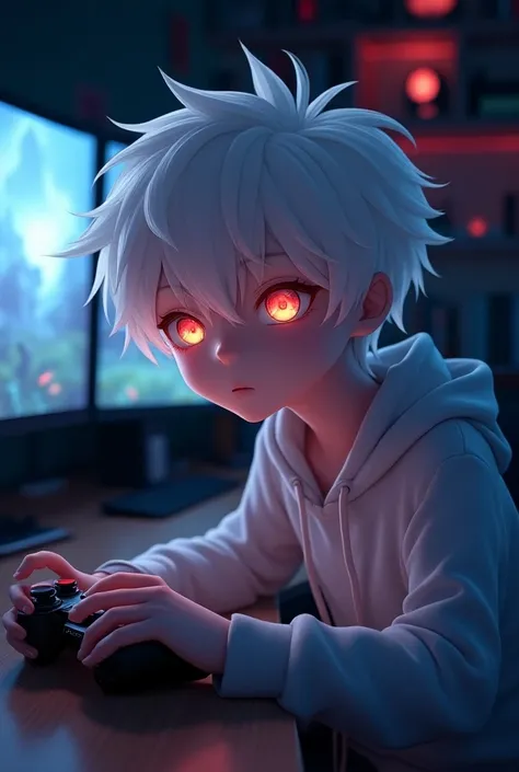 17-year-old albino anime boy with red eyes gamer