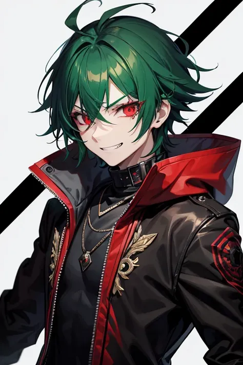 I want a male adolescent with green hair and red eyes, using a black and red coat, with a malicious grin, with a cyperpunk background.