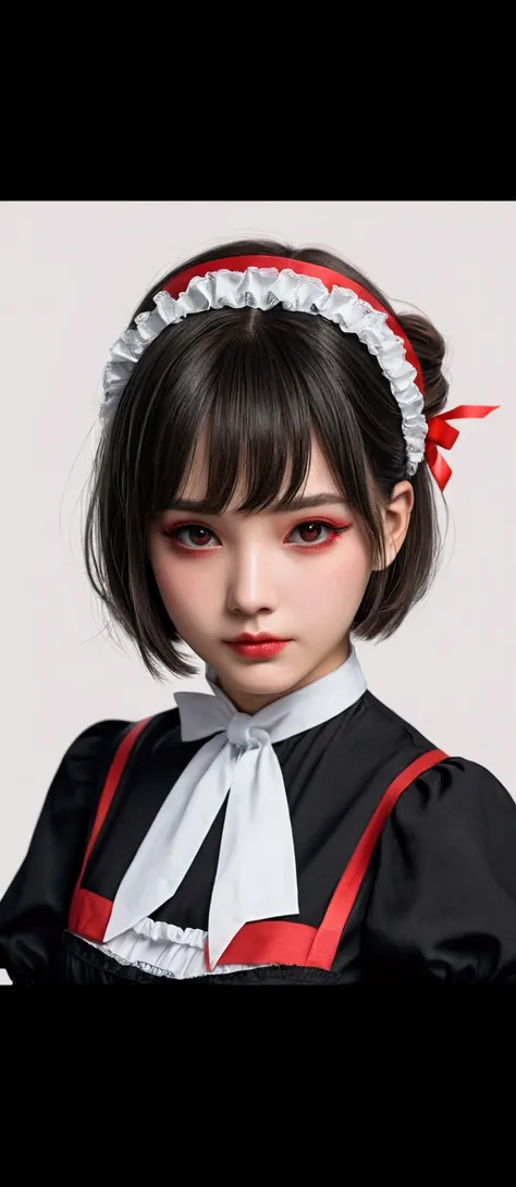 a beautiful girl, short hair, black, wearing a red ribbon on the right side, whole body, wearing a maids outfit, realistic makeup