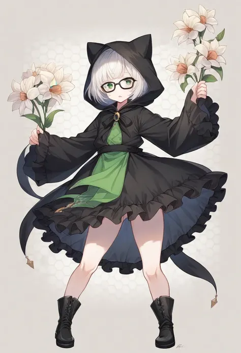 1girl(cute, , white skin, pale skin,(wearing ((simple)) black hood:1.4),(black robe(hood,white embroidery flower pattern, at edge):1.3), ((white frilly dress)), (wearing black glasses:1.4), (((green eyes))), black boots, white hair, bangs, short bob hair, ...