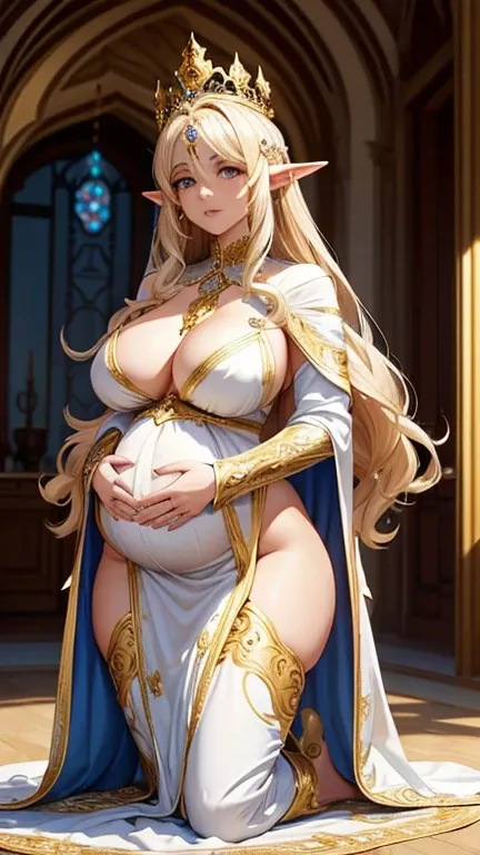 The image features a character adorned in an elaborate white and gold robe. She is a powerful elf princess with golden curly hair. She wears a crown adorned with jewels. She is in a kneeling position, gently holding her enormous, low-hanging pregnant belly...