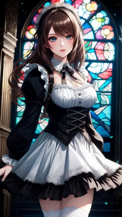 An extremely beautiful girl, 
Highly detailed beautiful face and large expressive eyes, 
Beautiful hair, Dark brown hair, 
Beautiful detailed Gothic lolita style and steampunk style elaborate dress, with many frills skirt, with high details Lace and high d...