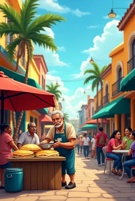  An older man selling pupusas at a stand in San Salvador, with people eating at tables and enjoying stories , cartoon version.

