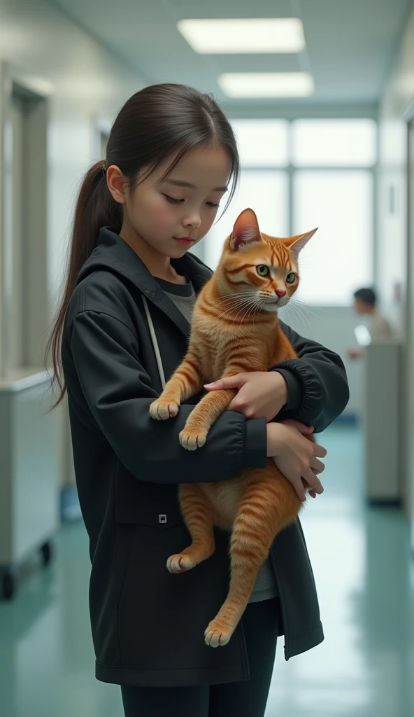 Realistic scene generate kro,Realistic Brown cat in hospital, black jacket phny girl usko ab ghr le kr ja rhi hai , dono hospital se Ghar jaty huy dekhau
scene generate kro