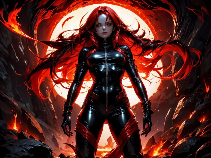 a demonic sorceress with long flowing red hair, wearing a tight black leather bodysuit with glowing runes. she stands provocativ...