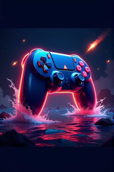 Make me a logo that contains : a large controller similar to the one on the PlayStation in neon color,  y with a background of dark tones with water , Meteorites around with fire and alarms that say warning
