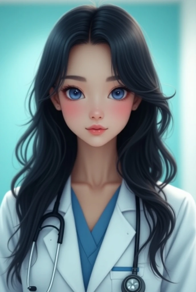 Realistic beautiful doctor image similar to Megan Fox,  look naive at black hair and blue eyes.  full body image  