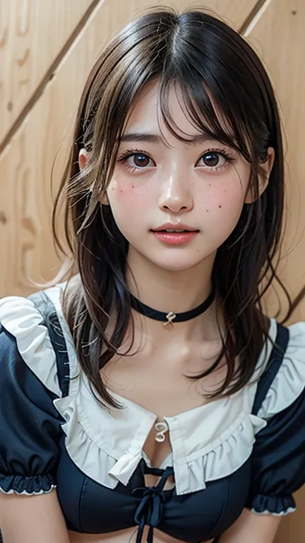 masterpiece、masterpiece、One girl per photo、( face close-up、 cowboy shot)、Front view from the front、Japanese、Very young and beautiful woman、( cutest girl in the world )、24 years old、Make your face smaller、Small breasts、Clevis、Wearing a cute black maid outfi...