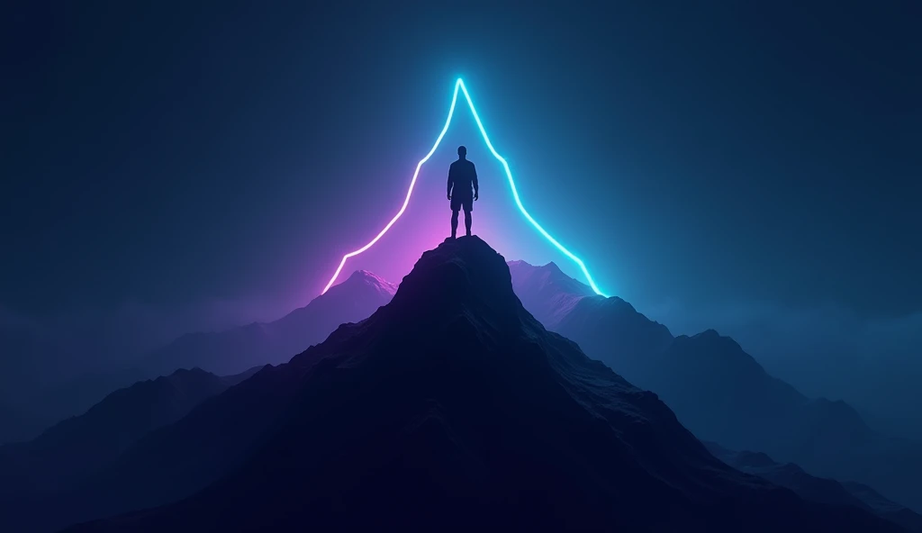 A minimalist icon, perhaps a silhouette of a person on top of a mountain, representing overcoming and victory. The background can be dark with neon details (colors such as blue and purple), maintaining the "dark" style and visually attracting attention. Th...