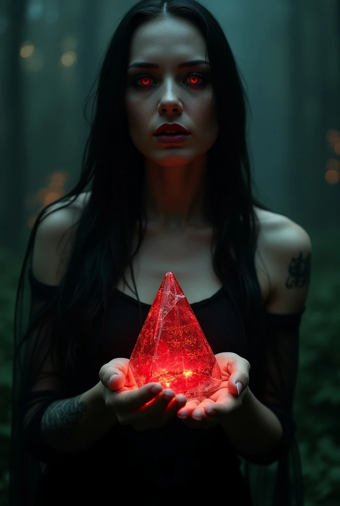 A female vampire holding a crystal tetrahedron covered in blood