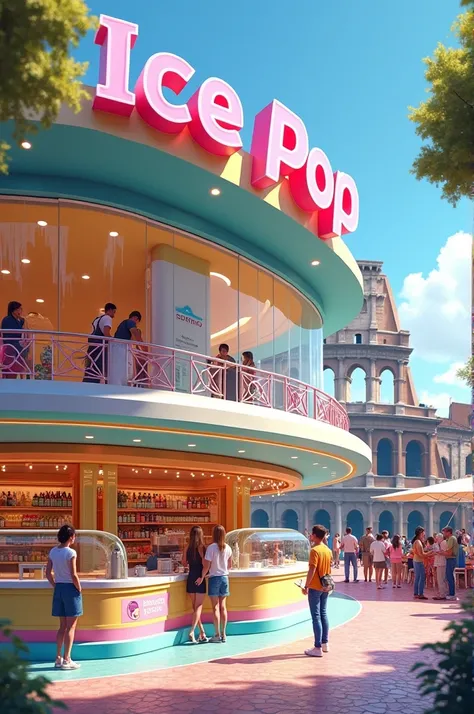 an ice cream shop , Called Ice Pop . in the colors blue, yellow and pink. In Italy, Next to the Coliseum .  make it super busy and with two floors and wide open,  with glass windows . realistic