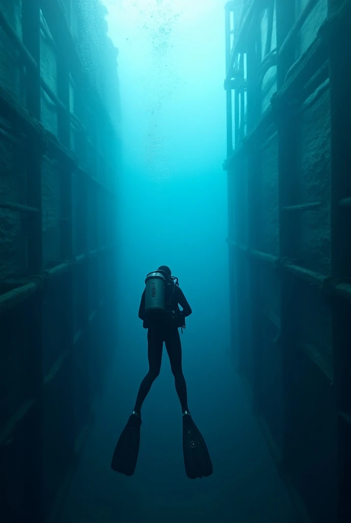 Diver filming grids at hydroelectric power plant

Blue tones 

Written:  diving deep in search of solutions  