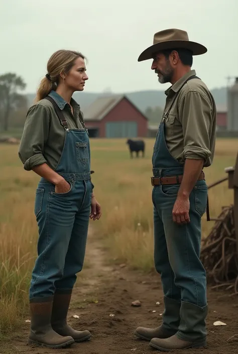 Sad working female farmer talking to a farmer on a farm
