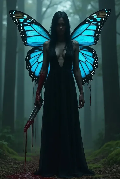 A person with a blue butterfly wing , Blood coming out of the wing bleeding  , with the person with a knife in their hand with a Halloween background 