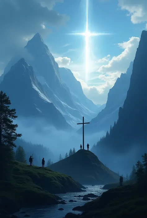 A landscape with mountains with a huge light in the sky and people looking at the sky
And a cross up the mountain