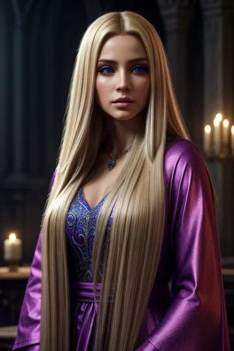 elegant sorceress, long blonde straight hair, colorful robes, beautiful detailed eyes, beautiful detailed lips, extremely detailed face, longeyelashes, fantasy, digital painting, cinematic lighting, dramatic lighting, vivid colors, detailed environment, fa...