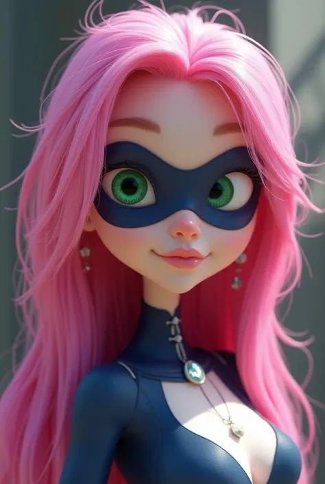 pink, long, straight, messy, shiny hair, emerald green eyes, tiny nose, white skin, beautiful, nice, sharp facial features, a young woman with a thin and curvy body. on her face, she has a dark blue hero mask that only covers her eyebrows and the area arou...