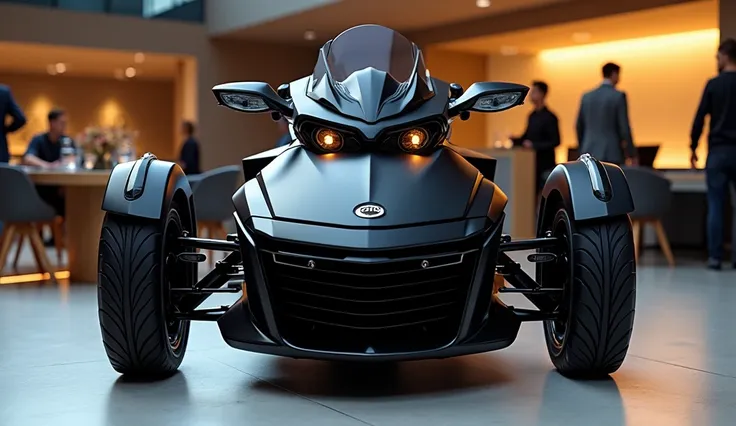 Realistic of futuristic 2025 Can-Am Spyder F3 with modification good looking neat black color full body angel view parked at showroom  in the original colour gaves hd looks and viewer attracted from this 