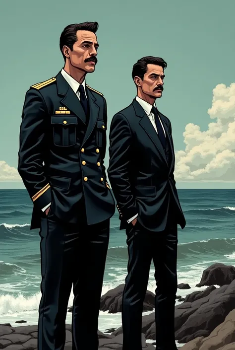 A man with a thin mustache and a dark military suit next to another man in a dark suit sitting on the shores of the sea American comic