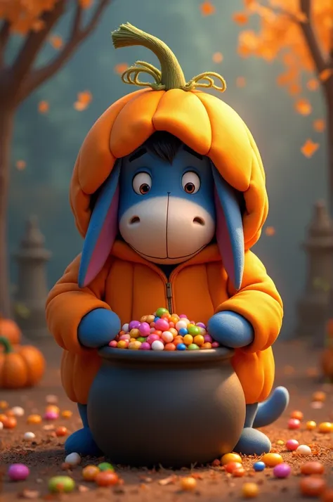 Create an animated illustration of the character Eeyore from the cartoon Winnie Pooh wearing a pumpkin costume that is on his body and head, the pumpkin stem and a centered cauldron of candies.