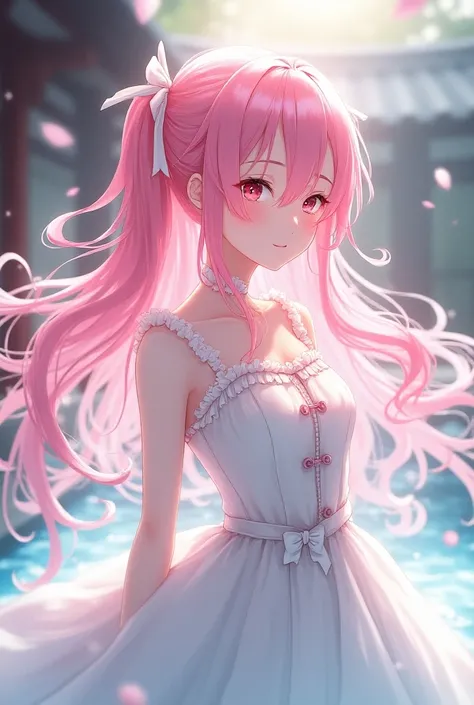 (masterpiece), hot spring inn background, anime style, Violet Evergarden style, super beautiful, hair color is bright shiny pink, shiny long straight hair with curled ends, pearl white sophisticated design dress (high quality), (beautiful and detailed face...