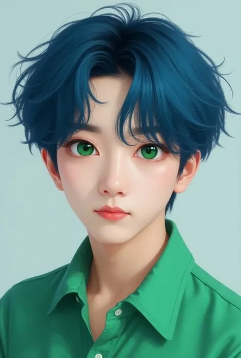 Yoongi from BTS with blue hair,  green eyes and wearing a green shirt
 digital art