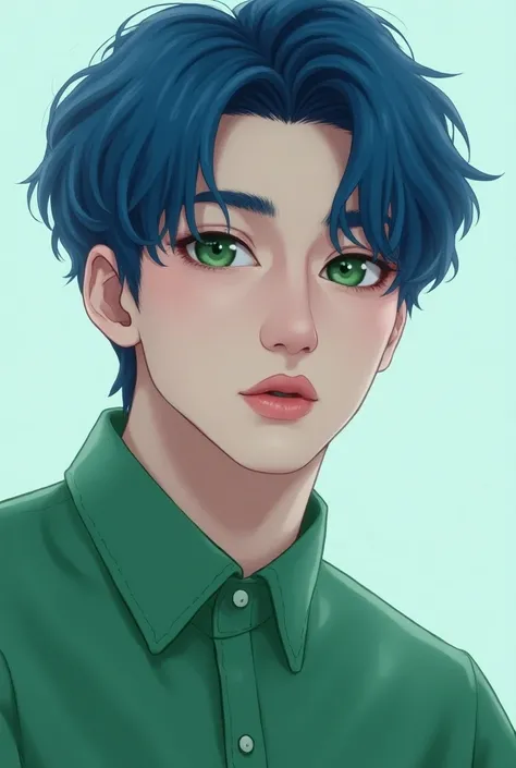 Yoongi from with blue hair ,  green eyes and wearing a green shirt
 