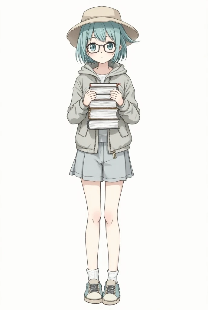   drawing of a girl wearing a hat and glasses holding a stack of books,  line art inspired by Rei Kamoi  , pixiv contest winner, Process art,  full-length portrait of a small !,  a clean anime depicts  , Full body character drawing, tall female emo art stu...