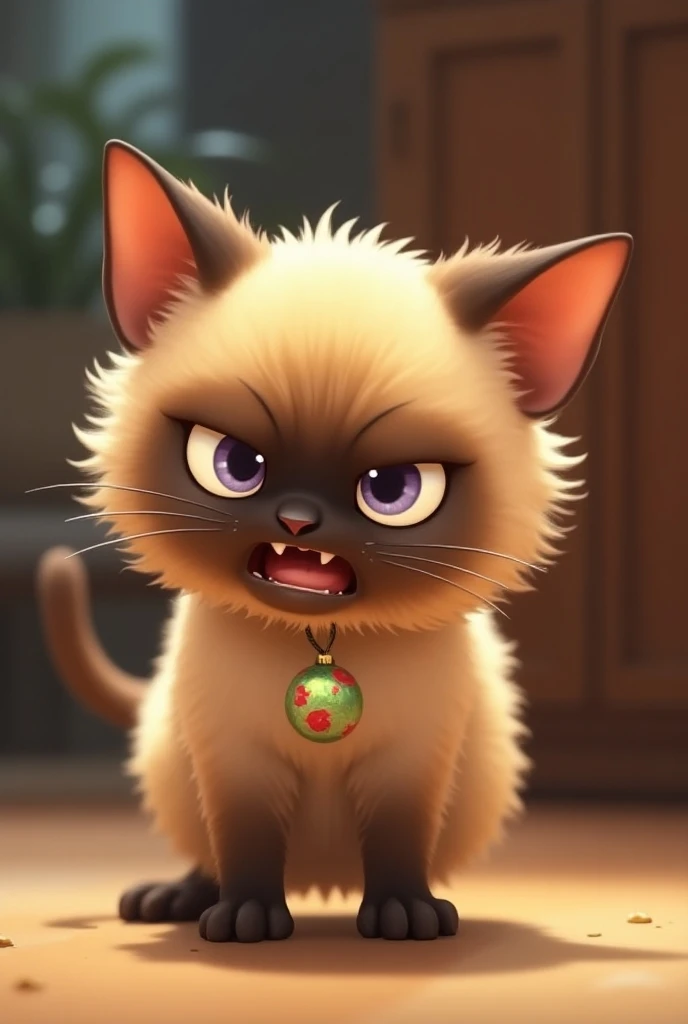  Siamese Gara ,  with an angry look leaning towards the ground and hairy, Much more Siamese golden anime cartoon by Raza, More lively, much more cartoon and less realistic .  Less fat ear with Christmas ornament plus cartoon