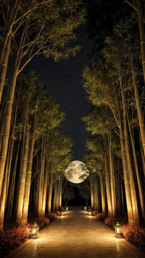  Unreal Engine 5 Rendering , The bamboo grove illuminated by the full autumn moon 、 the fall leaves covering the path shine gold when illuminated by moonlight。Tree swaying in the wind々, glowing dew drips down 、 a sphere of light floating in the air 