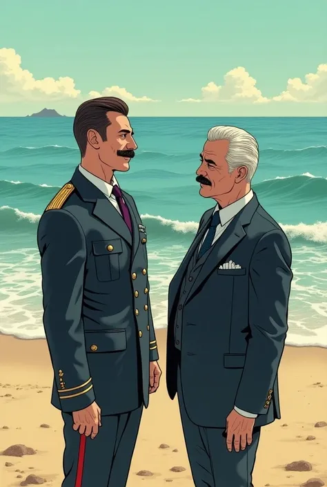 A man with a thin mustache and a dark military suit next to another man in a dark suit with white hair and a thin mustache who are about to sit in the sand on the shores of the sea American Comic