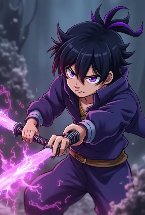 (Anime Style)A   boy in a Demon Slayer uniform having a purple fading in to black cape/jacket on him having  2 purple jagged katanas having a shadow aura around the katanas and has a white mask on his mouth with ponytailed hair with purple tips with one ey...