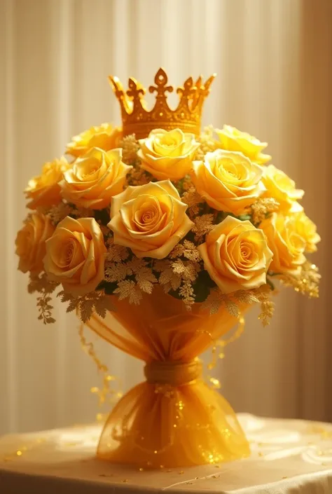 Fait moi un bouquet de rose doré avec un emballage doré pailleté et une couronne de princesse en or sur le bouquet