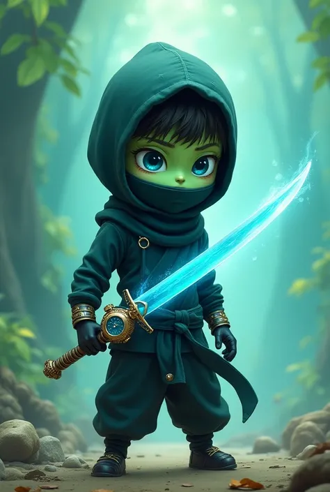  A cute green boy, as a ninja, and has a sword that is blue and has a watch on it.