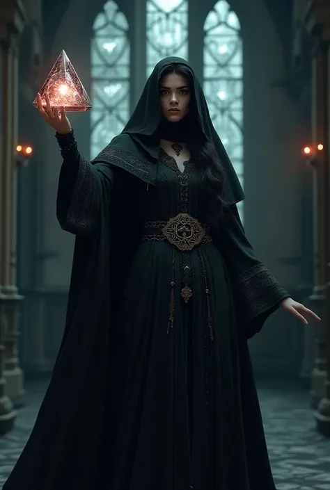 A Gothic priestess holding a crystal tetrahedron 