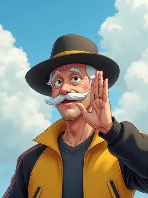 ((Un señor bastante Thelgado The 65 años The white tea)),  sonriendo WITH los ojos entrecerrados, has a short mustache and ((clean-shaven)) (((short white mustache))) WITH ((short white hair)) (He is wearing un (((sombrero negro WITH vivos amarillos)))) Th...