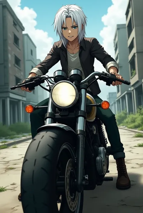 (photorealism:1.2), a cover similar to the anime Zom 100 Zombie, character with white hair on top of a motorcycle riding