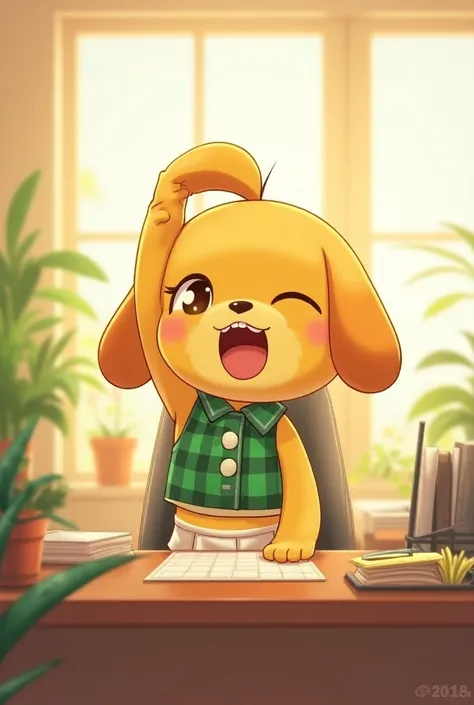 Sleepy Isabelle (animal_crossing), yellow anthropomorphic Shih Tzu dog, stretching at desk, yawning, one eye half open, wearing green plaid crop top, white short skirt, ponytail, indoors, soft lighting, plants in background, window with sunlight, office, a...