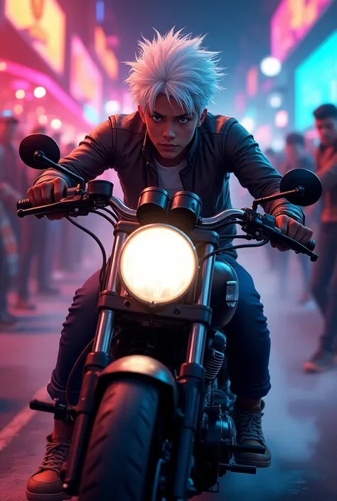 a cover similar to the anime Zom 100 Zombie, character with white hair on top of a motorcycle riding a rave scene in the background