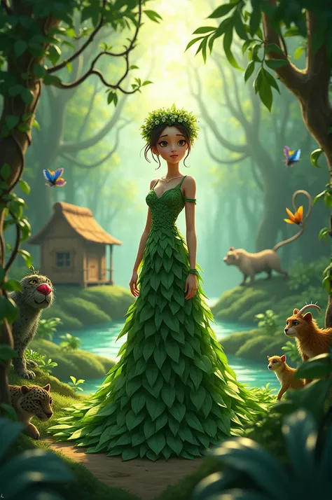  Create an image with a princess dressed in leaves ,  a house in the middle of the jungle between branches and around rivers and animals, The Jaguar, The monkey Titi, And blue butterfly .  animated