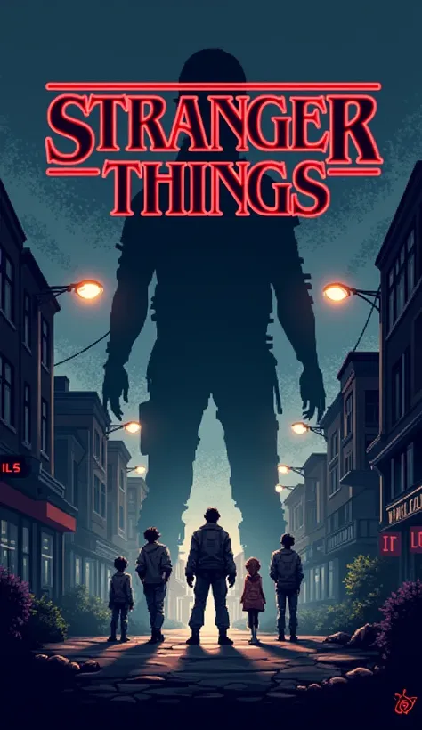 a pixel art,8bit,retro monochromatic game style, pixelized stranger things themed street, pixel heroes and main antagonist,intricate,monochromatic colors ,dynamic retro composition,dramatic lighting, big title text: Stranger Things