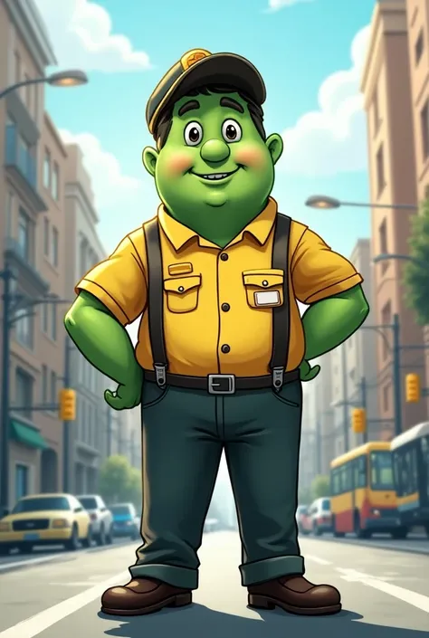 A green male bus driver mascot from the company Danistur Transporte 