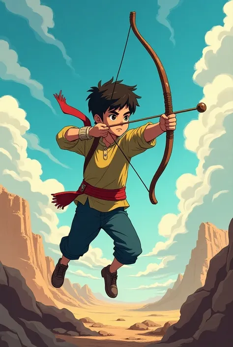 An Iranian boy with a slingshot is aiming at his life goals It should be anime and its purpose should be clear and shoot while jumping
