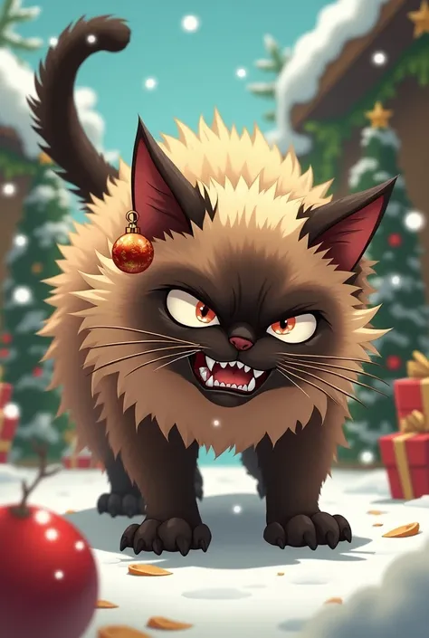  Siamese Gara ,  with an angry look leaning towards the ground and hairy, Much more Siamese golden anime cartoon by Raza, More lively, much more cartoon and less realistic .  Less fat ear with Christmas ornament plus cartoon, less realistic and similar to ...