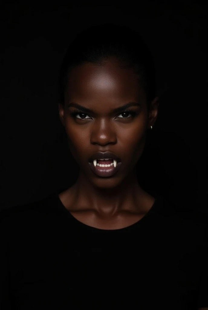 A serious portrait of young Black women, angry Face, zoom pic, black background, teeth with vampire fangs