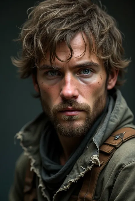 A young man of 18 light brown haired bearded with torn clothes