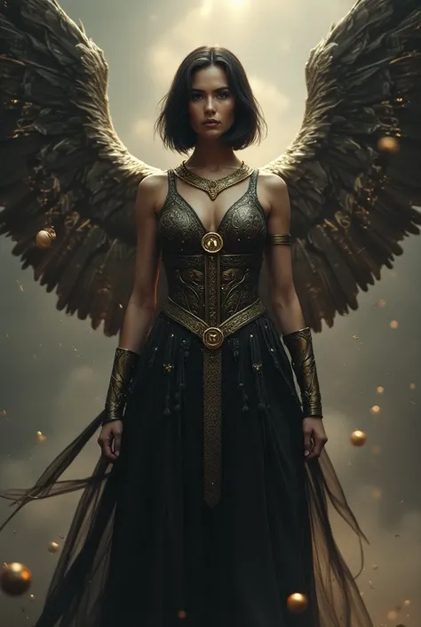 A woman dressed as a Valkyrie , who has short shoulder-length hair that is black and straight, and they are astrological and planetary symbols on and around her dress 