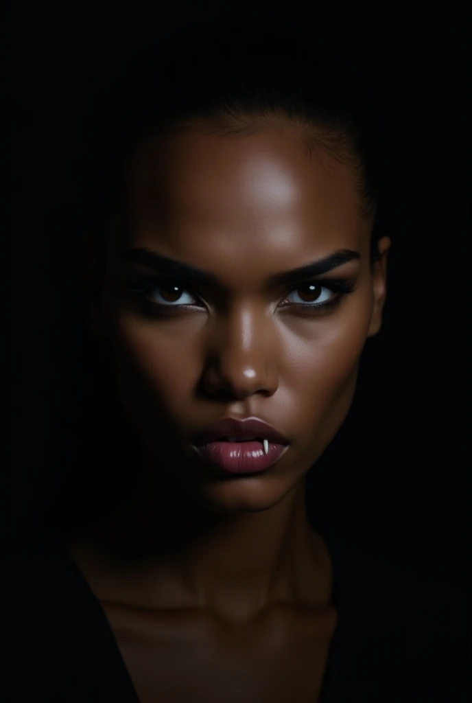 A serious portrait of young Black women, angry Face, zoom pic, black background, teeth with vampire fangs